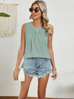 Round Neck Sleeveless Top with Pleated Front Detail - Ladyez