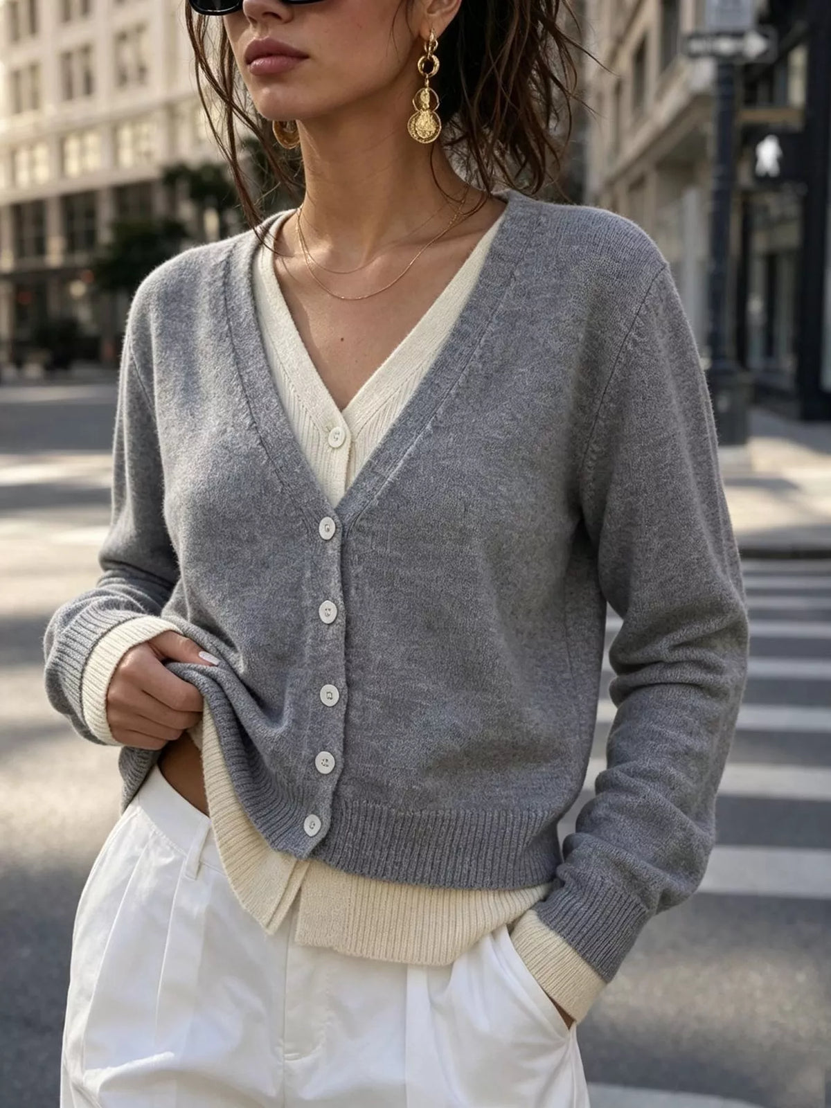 V-Neck Button-Down Contrast Layered Cardigan