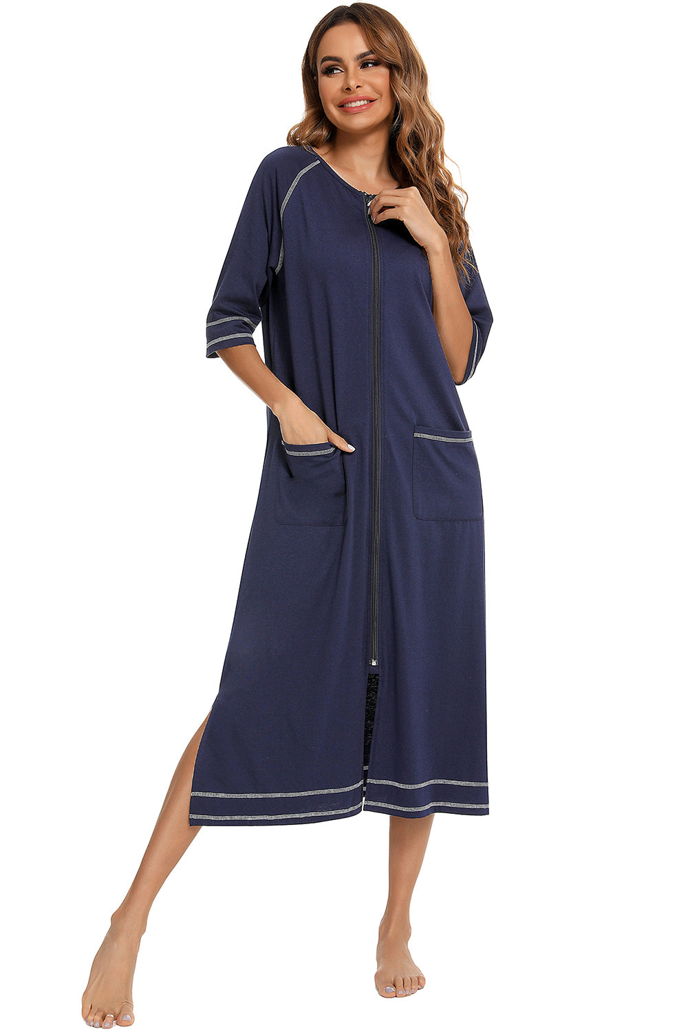 Zip Up Slit Round Neck Night Dress with Pockets - Ladyez