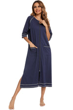 Zip Up Slit Round Neck Night Dress with Pockets - Ladyez