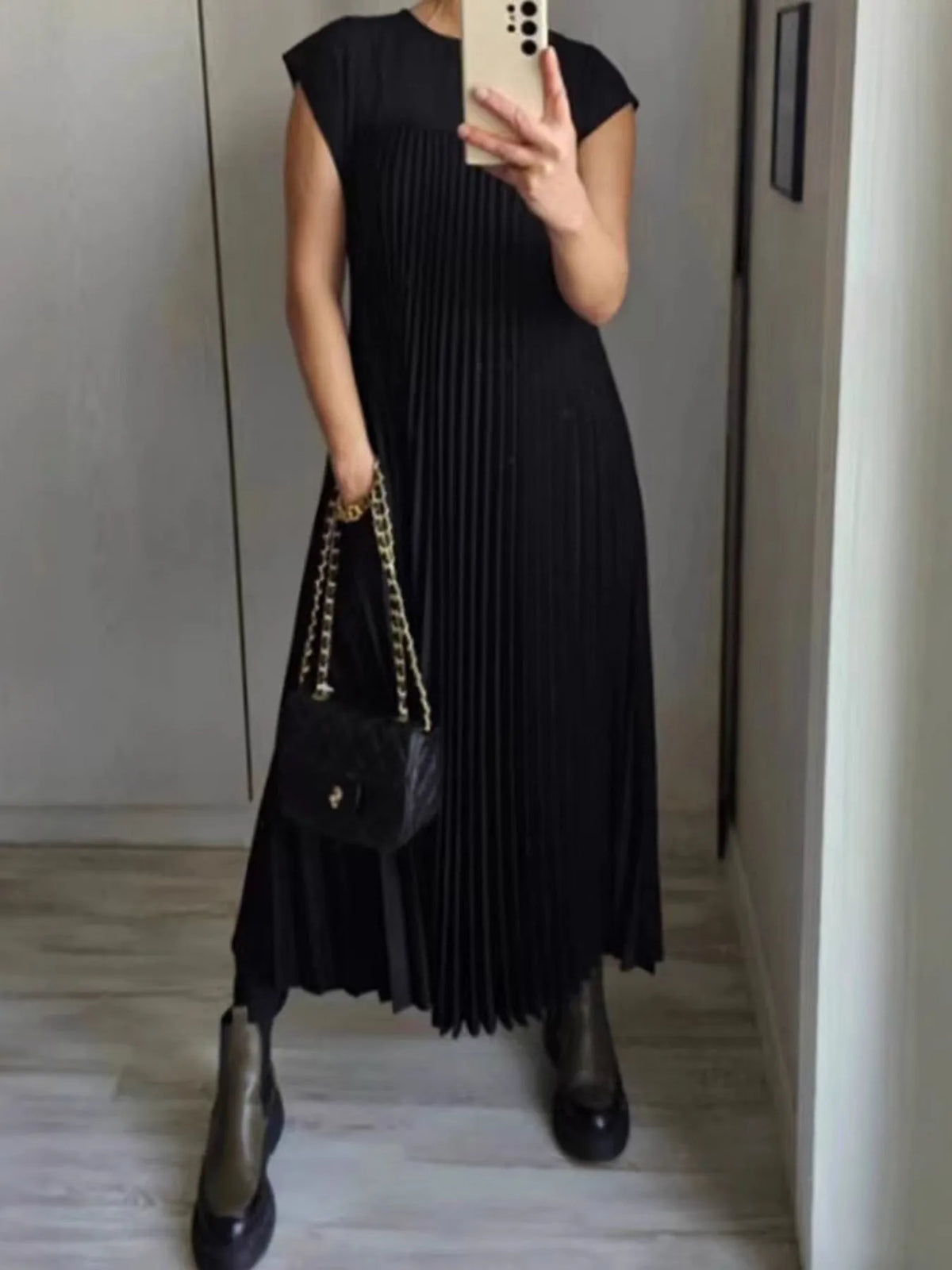 Full Size Pleated Round Neck Maxi Dress Plus Size - Ladyez