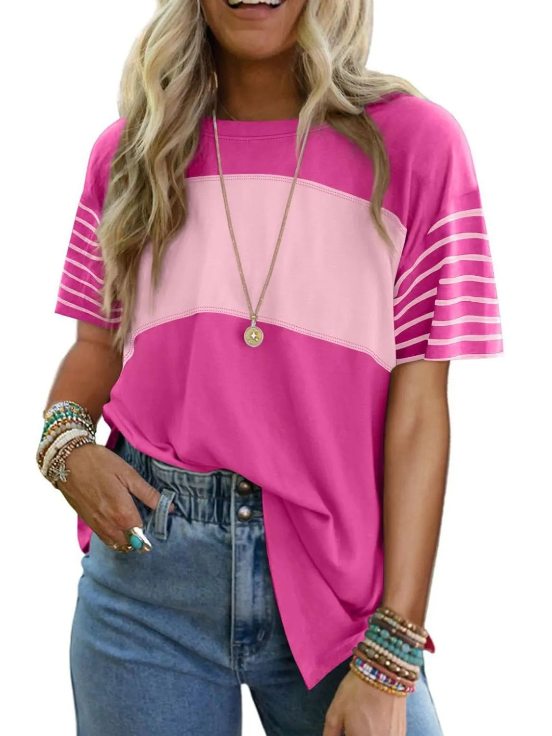 Color Block Striped Sleeve Casual T-Shirt - Ladyez