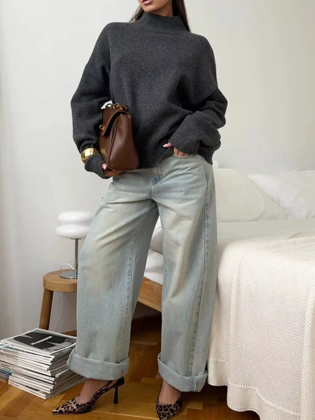 Mock Neck Dropped Shoulder Sweater