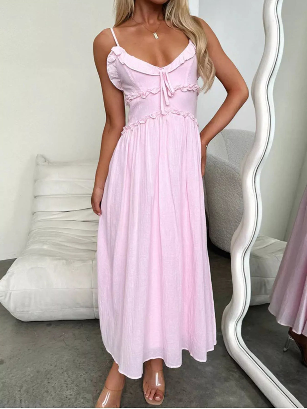 Ruffled Trimmed Spaghetti Strap Midi Dress