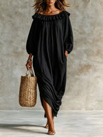 Ruffled Boat Neck Ruched Midi Dress