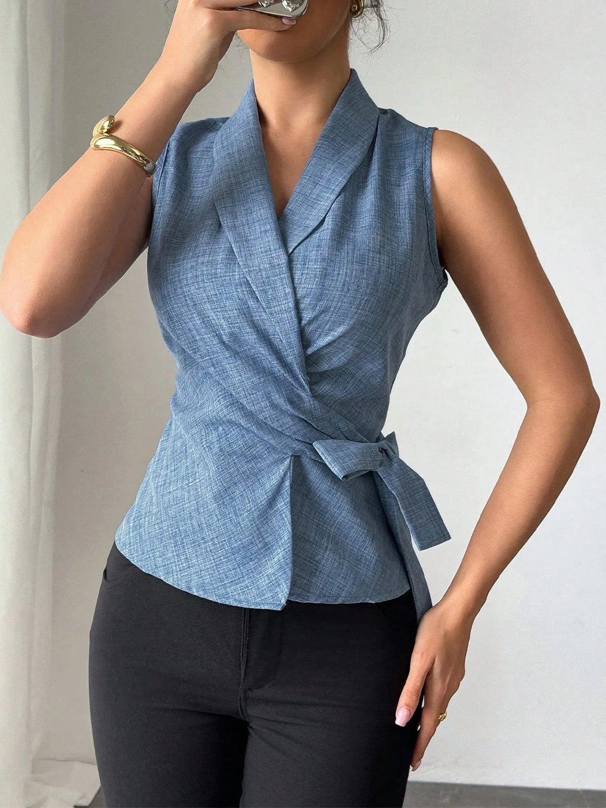Sleeveless Tied Surplice Top - Ladyez