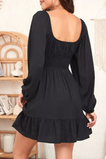 Solid Color Long Sleeve Shirred Drawstring Ruffle Mini Dress