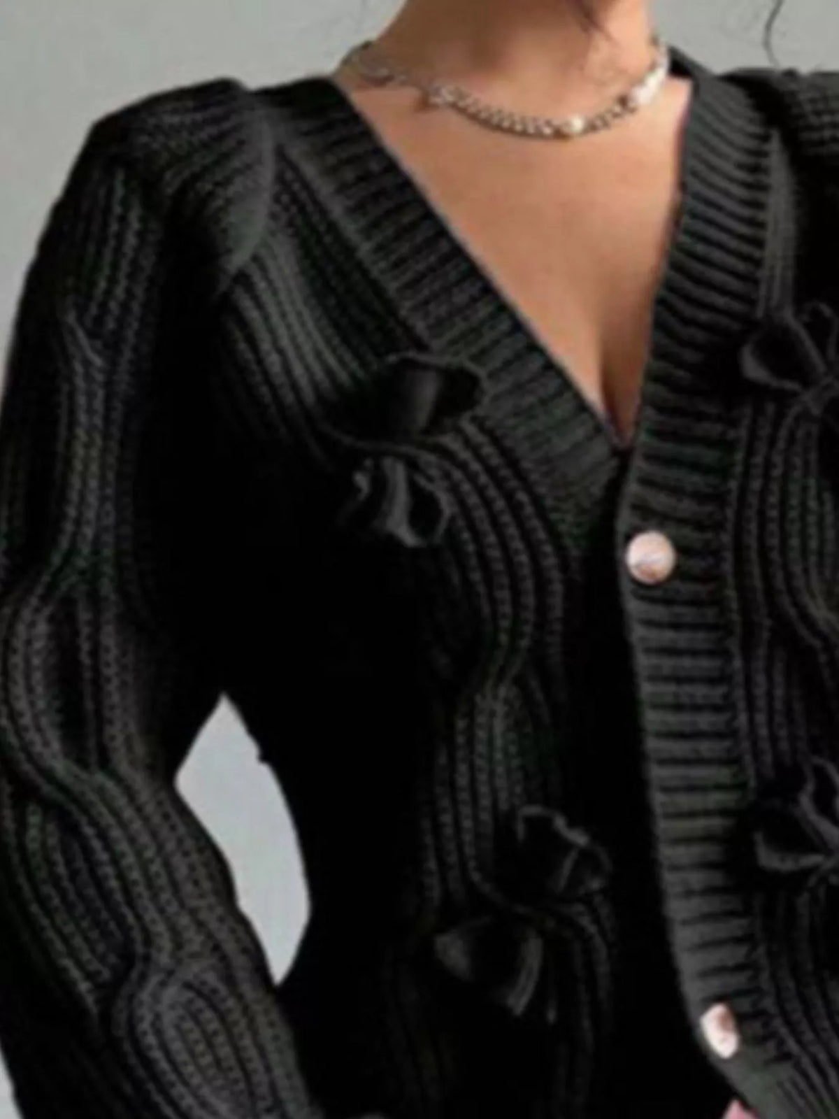 Bow Cable Knit V-Neck Cardigan