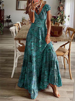 Full Size Smocked Printed V-Neck Short Sleeve Dress - Ladyez