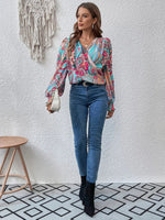 Printed Surplice Smocked Lantern Sleeve Blouse - Ladyez