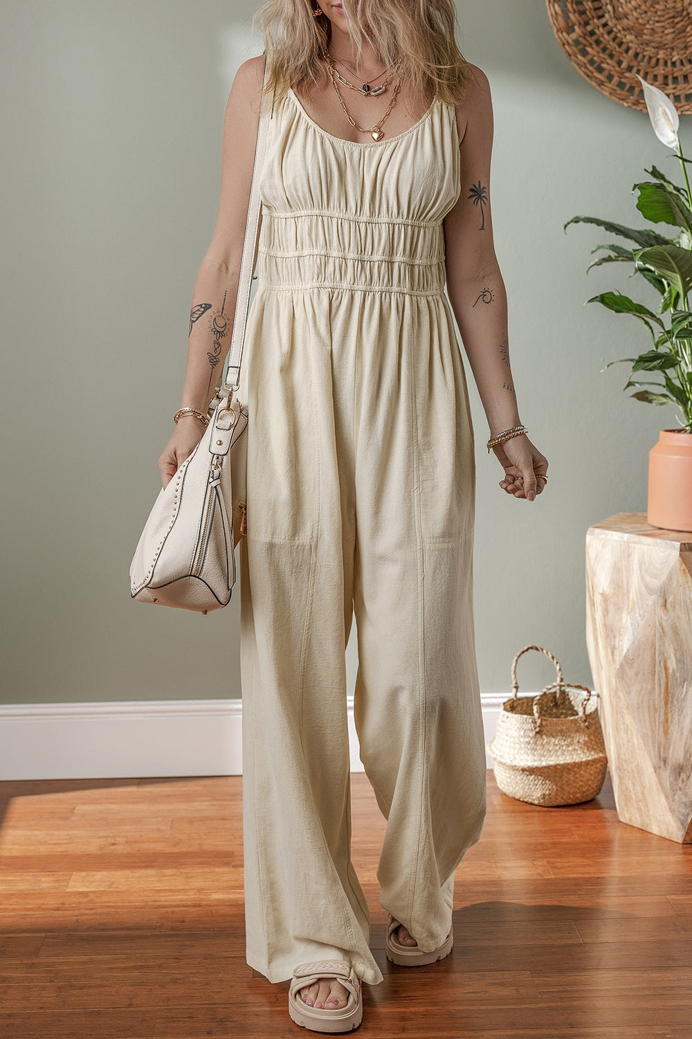 Ruched Sleeveless Wide Leg Jumpsuit - Ladyez
