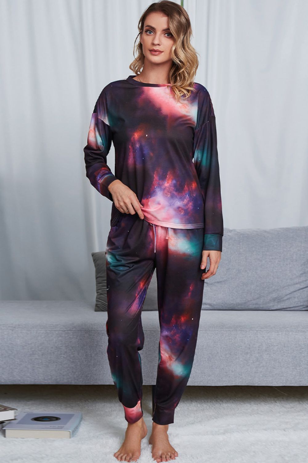 Shiny Tie-Dye Crewneck Top and Drawstring Waist Joggers Lounge Set - Ladyez