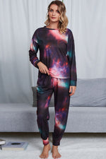 Shiny Tie-Dye Crewneck Top and Drawstring Waist Joggers Lounge Set - Ladyez