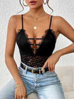 Perfee Lace Plunge Spaghetti Strap Bodysuit - Ladyez