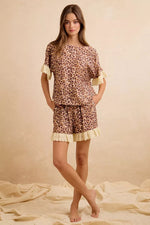 BiBi Leopard and Eyelet Lace Ruffled Top and Shorts Set