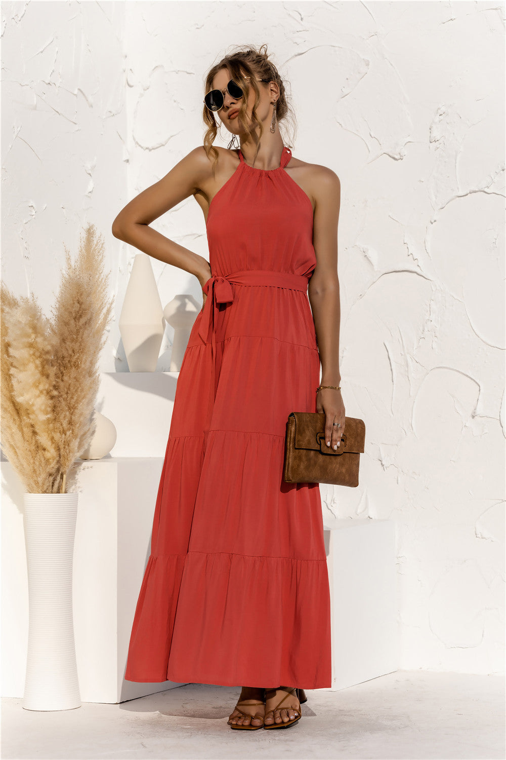 Halter Neck Tie Waist Tiered Maxi Dress - Ladyez