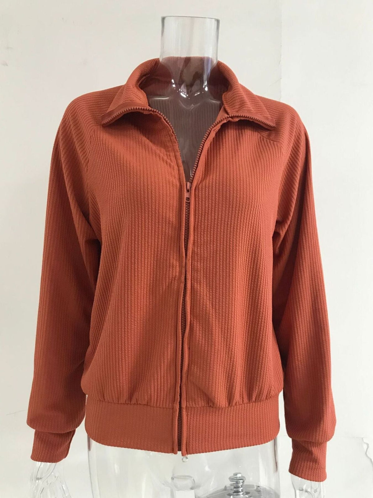 Full Size Ribbed Knit Zip-Up Outerwear Plus Size
