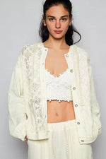 POL Exposed Seam Button Down Hooded Jacket with Lace Detail