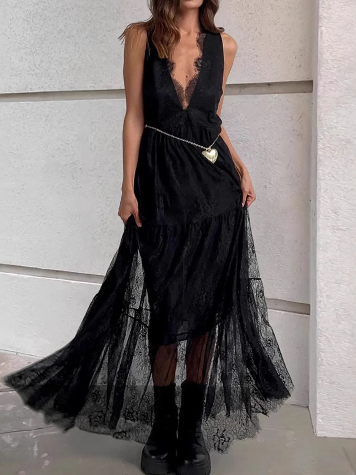 Lace Deep V-Neck Maxi Dress - Ladyez