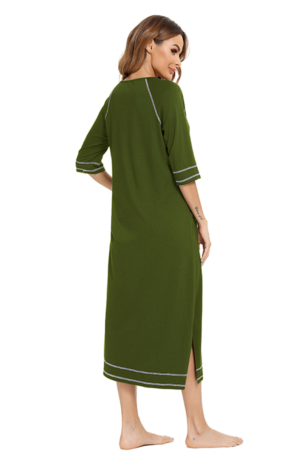 Zip Up Slit Round Neck Night Dress with Pockets - Ladyez