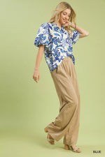 Umgee Lush Blossom Print Puff Sleeve Top with Ruffle Trim Detail