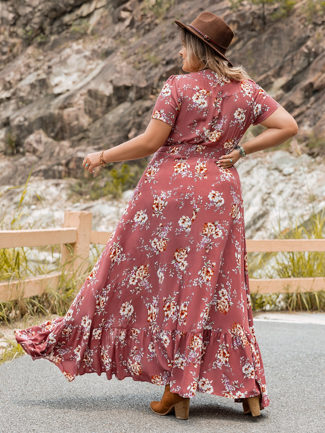 Plus Size Floral Slit Ruffle Hem Dress - Ladyez
