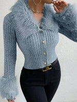 Faux Fur Trim Ribbed Knit Cropped Cardigan