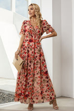 Floral V-Neck Short Flounce Sleeve Dress - Ladyez
