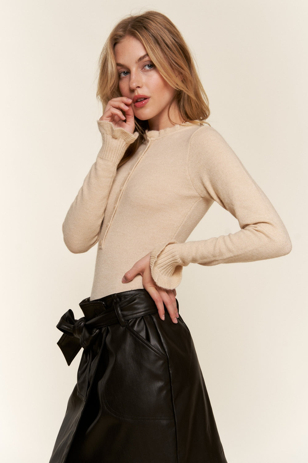 And The Why Half Button Round Neck Long Sleeve Bodysuit - Ladyez