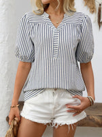 Striped Notched Puff Sleeve Blouse