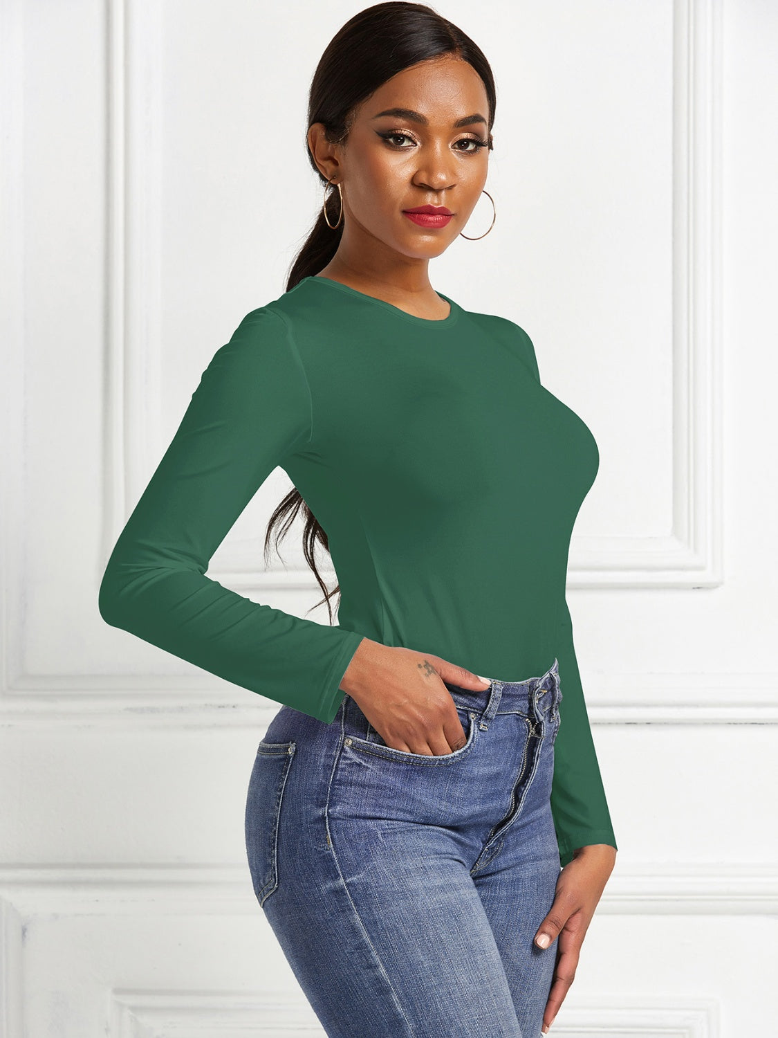 Round Neck Long Sleeve Bodysuit - Ladyez
