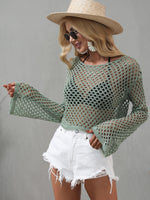 Openwork Flare Sleeve Cropped Cover Up - Ladyez