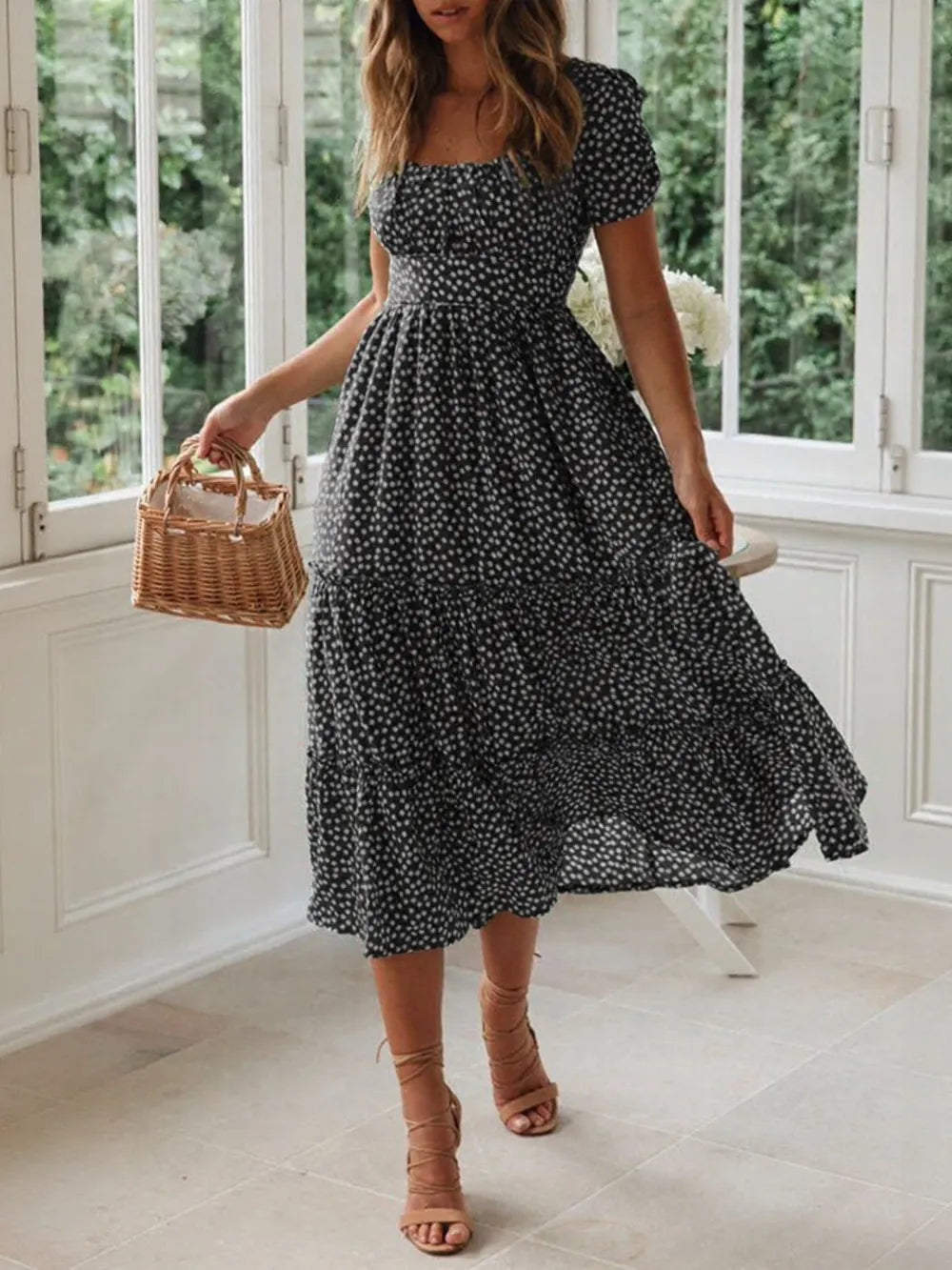 Printed Square Neck Short Sleeve Midi Dress