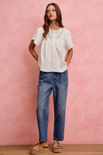 SO ME Cotton Gauze Lace Trim Flutter Sleeves Blouse Top
