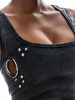 Ribbed Tank Top with Metal Grommet Cutouts and Stud Embellishments