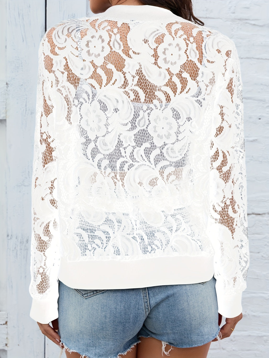 Sheer Lace Zip Up Long Sleeve Jacket - Ladyez