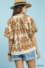 Umgee Mix Printed Puff Sleeve Top with Contrast Trim