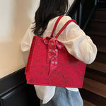 Floral Embossed Tote Handbag with Scarf Accent