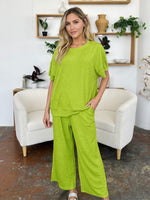 Double Take Full Size Texture Round Neck Short Sleeve T-Shirt and Wide Leg Pants - Ladyez