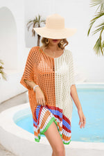 Contrast Scoop Neck Openwork Half Sleeve Cover Up - Ladyez