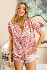 BiBi Floral Jqd Smoked Puff Sleeves V Neck Top