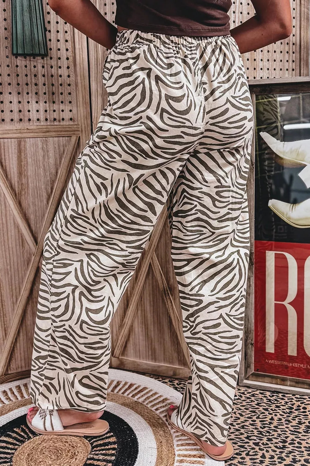 Multicolour Western Print Zebra Pattern Elastic Waist Pocket Pants