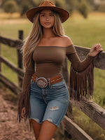Off-Shoulder Fringe Sleeve T-Shirt