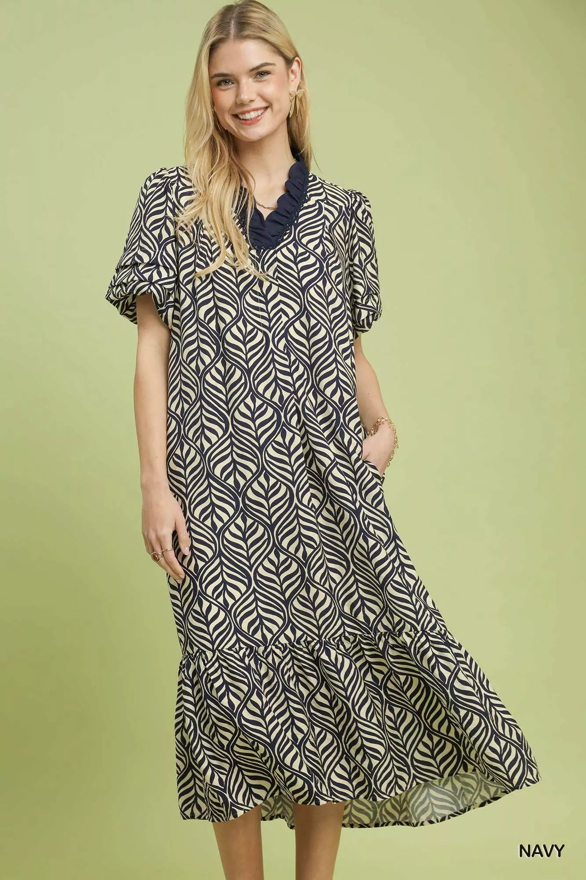 Umgee Leaf Print Ruffle Neck Midi Dress