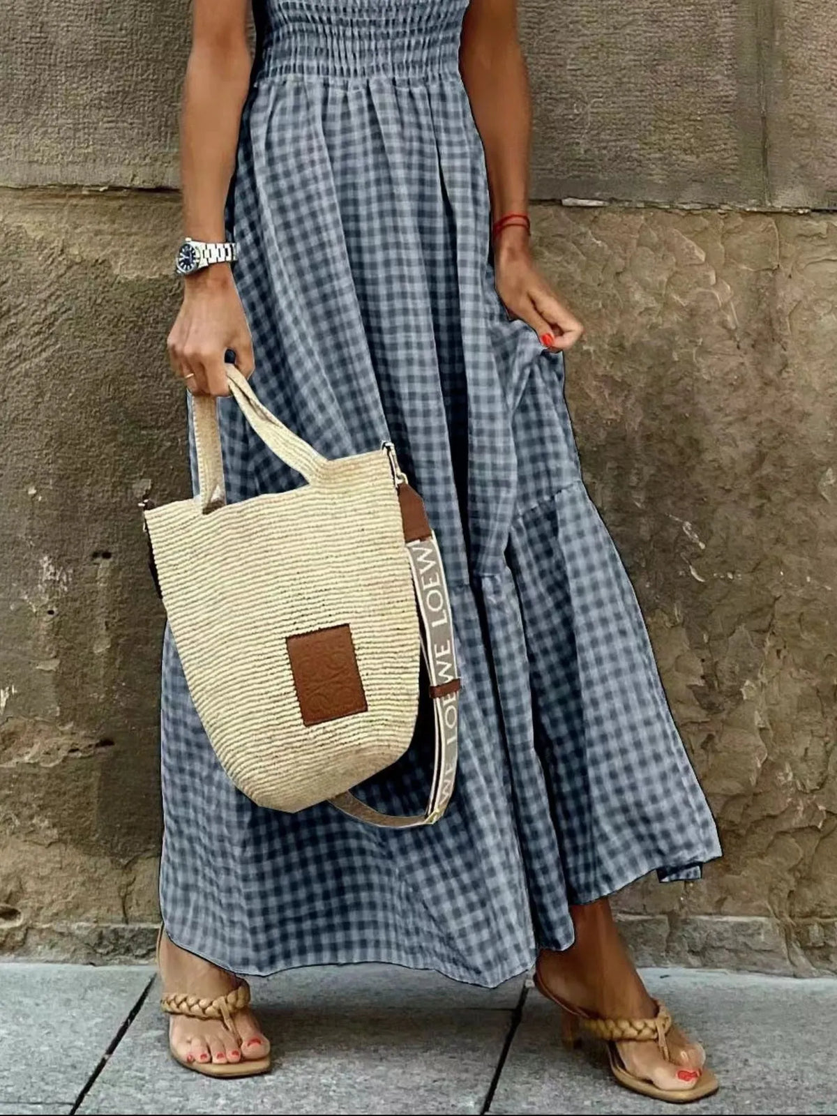 Smocked Gingham Maxi Dress with Ruffle Straps - Ladyez