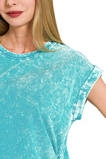 Zenana Crinkle Washed Round Neck Folded Short Sleeve Tee