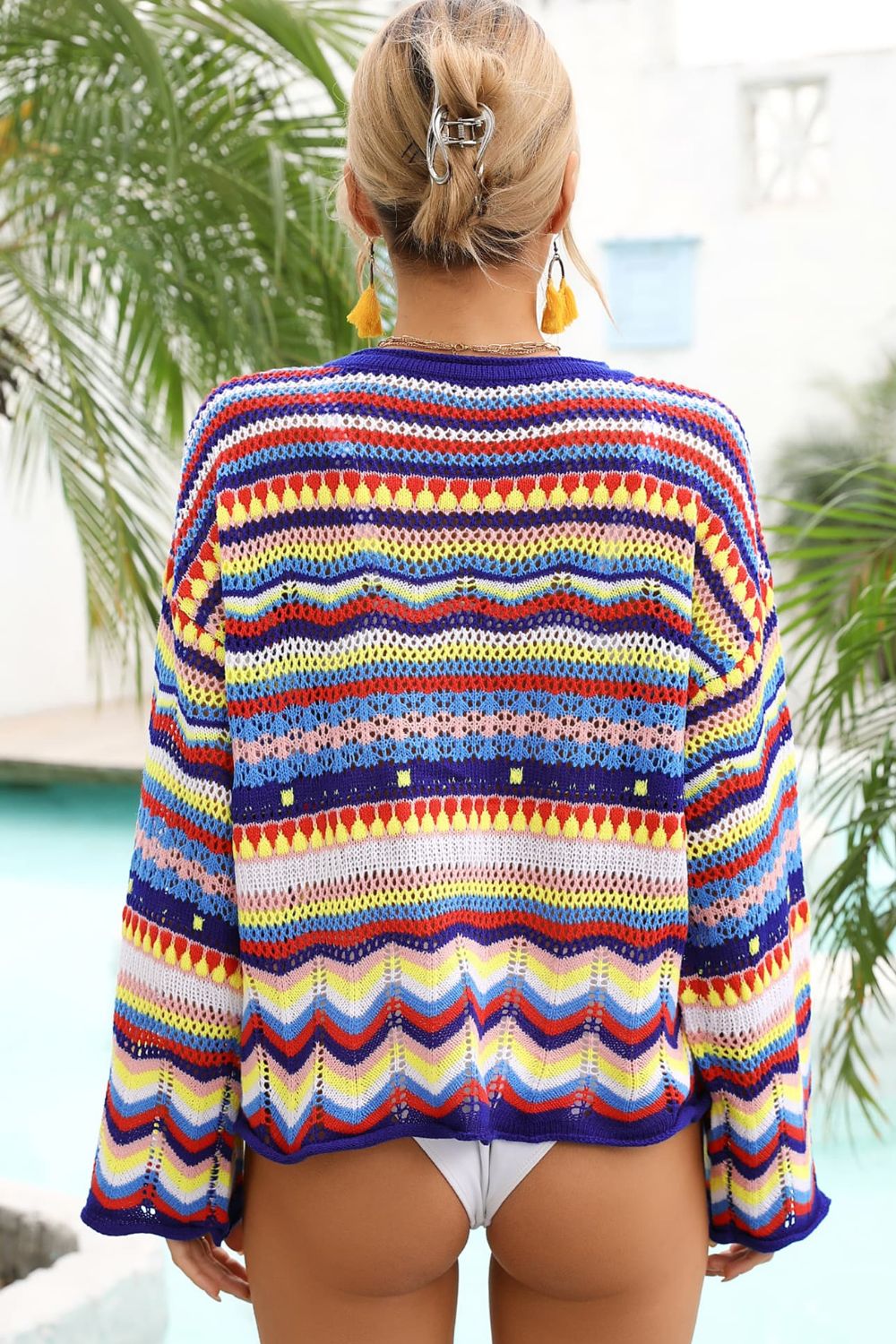 Angel Wings Multicolored Stripe Round Neck Cover-Up - Ladyez