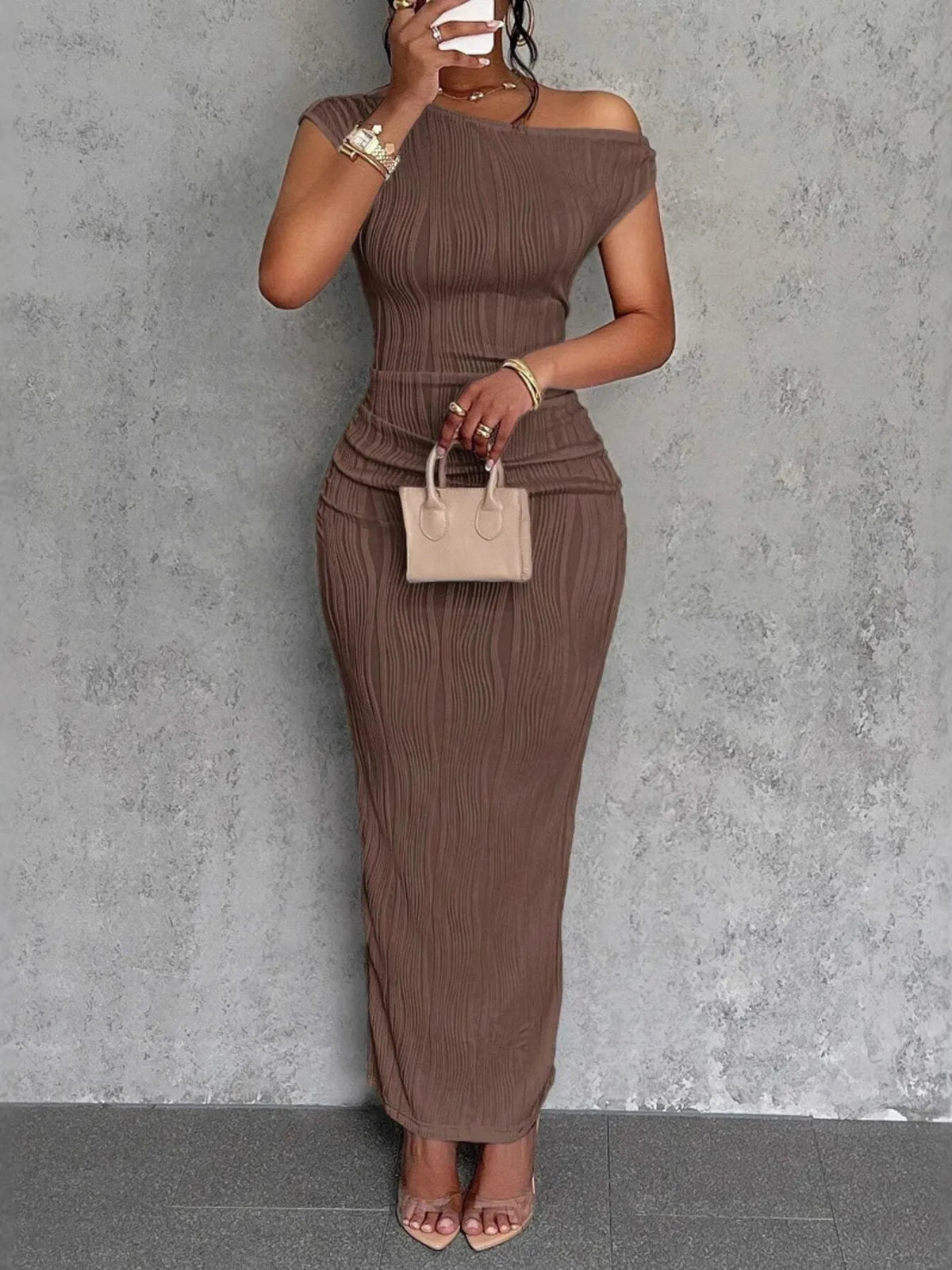 Textured Single Shoulder Bodycon Maxi Dress - Ladyez