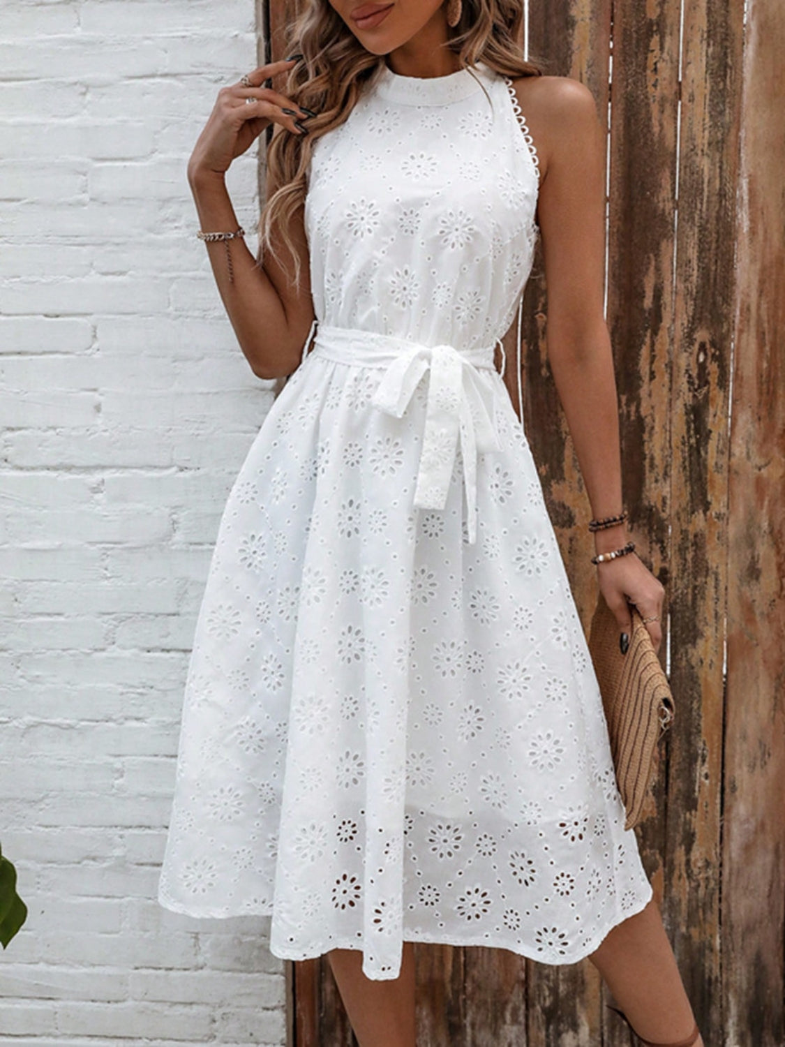 Eyelet Grecian Neck Tie Waist Midi Dress - Ladyez