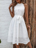 Eyelet Grecian Neck Tie Waist Midi Dress - Ladyez